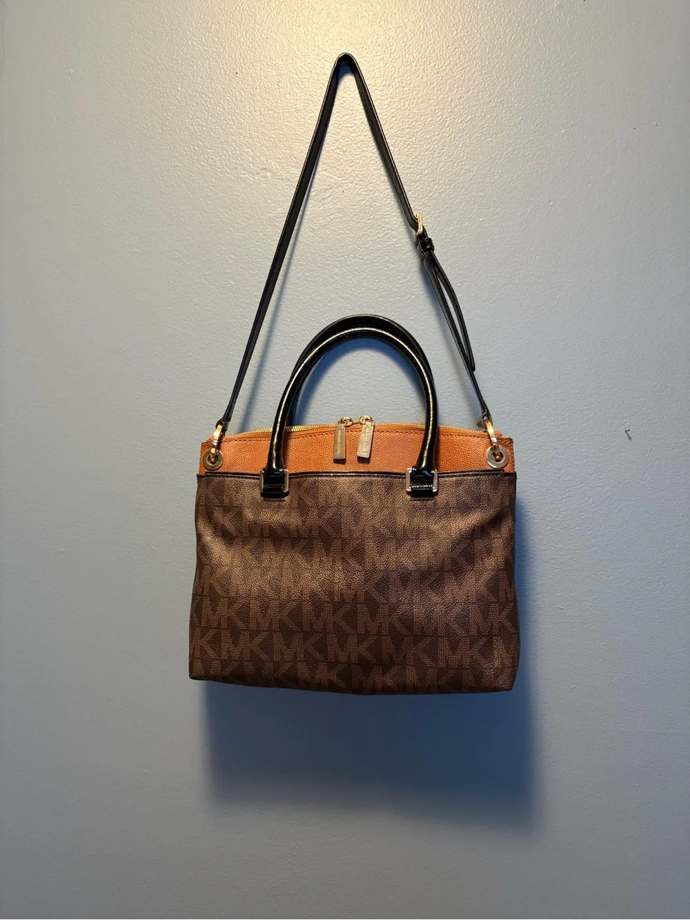 Michael Kors Brown MK Logo Satchel with Tan Accent and Black Handles